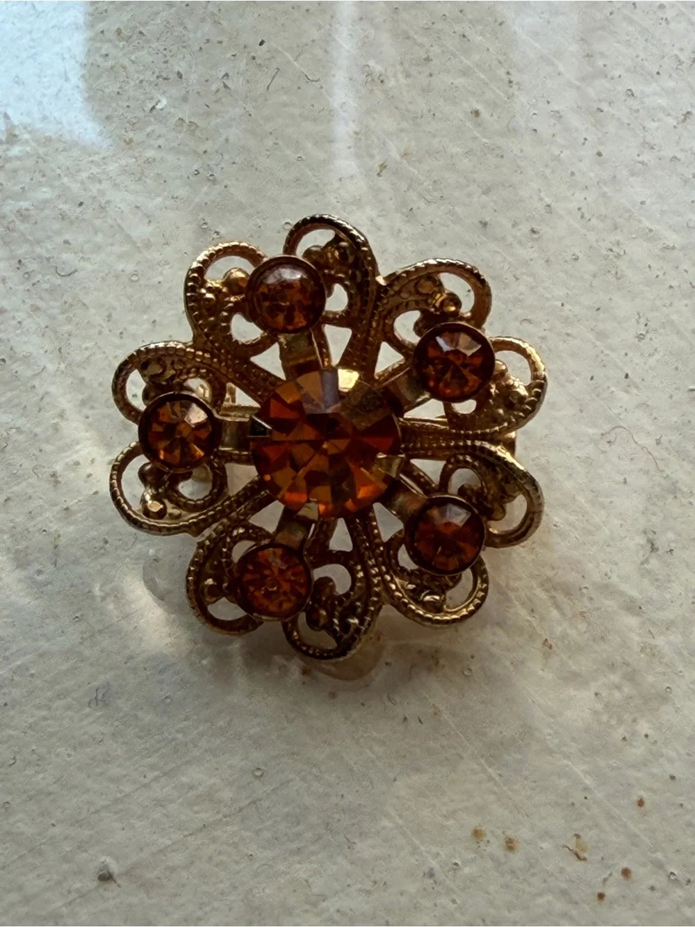 Gold Tone Vintage-Inspired Amber Rhinestone Floral Brooch